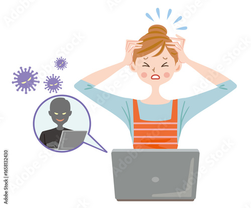 パソコンをハッキングされた主婦　コンピューターウィルス　不正アクセスされた女性
