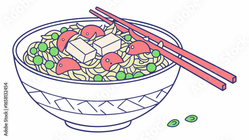A bowl of delicious noodle soup with tofu, peas, and tomatoes accompanied by chopsticks, showcasing Asian cuisine and healthy eating in a vector illustration