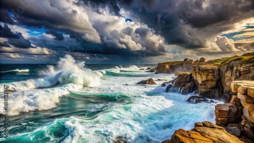 Dramatic stormy coastline with towering clouds and powerful ocean waves crashing on rugged rocky shores