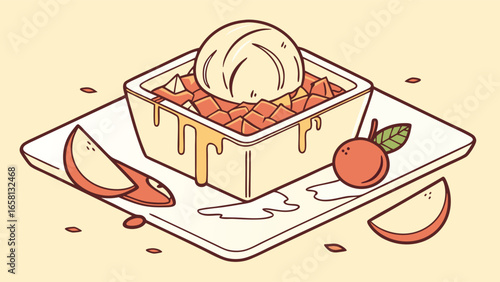 Apple cobbler dessert with ice cream scoop, served on a square plate with fruit slices and delicious sauce, a sweet vector illustration