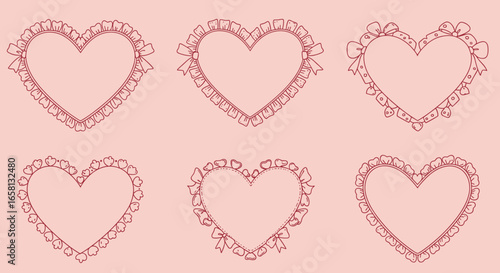 Delicate heart frames with floral and ribbon details on soft pink background