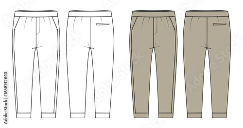 ANKLE LENGTH JOGGER. Women's Tapered Trousers Fashion Flat Sketch. Casual Pull-On Pants Vector Template.  Trousers with Elastic Waistband Technical Drawing.