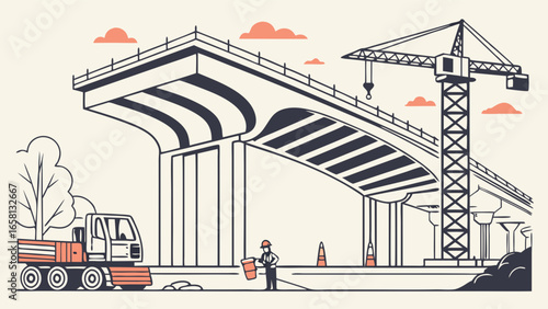 Construction site illustration displaying infrastructure development with a bridge, crane, truck, and construction worker, showcasing progress and engineering