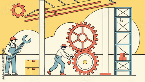 Construction project with workers assembling gears and boxes in a building under construction, illustration style