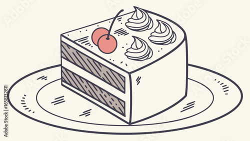 Delicious cake slice illustration with cherries and cream swirls on a plate, perfect for dessert lovers and bakery concepts