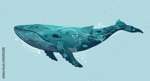 Majestic ocean whale in underwater marine habitat illustration