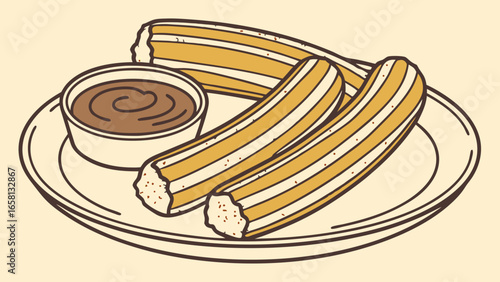 Delicious churros with chocolate dipping sauce on a plate vector illustration perfect for social media posts and food blog, restaurant menu designs