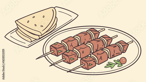 Delicious skewers of grilled meat served with flatbread on a plate ready to eat in an appetizing cartoon style illustration