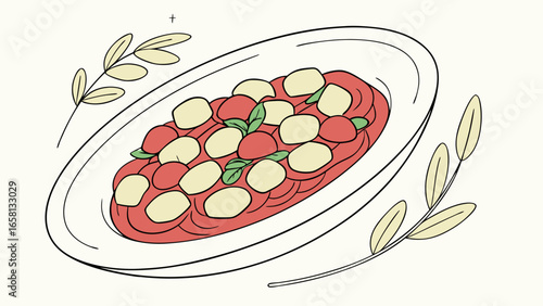 Delicious spaghetti with tomato sauce, mozzarella cheese, and basil leaves on a plate with olive branch accents, showcasing Italian cuisine