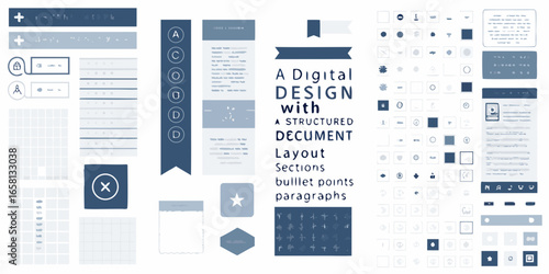 Digital design with structured document layout elements and icons Keywords: digital design, document