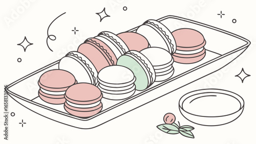 Elegant macarons assortment on a rectangular plate with a dipping bowl and decorative star elements for a delightful dessert presentation