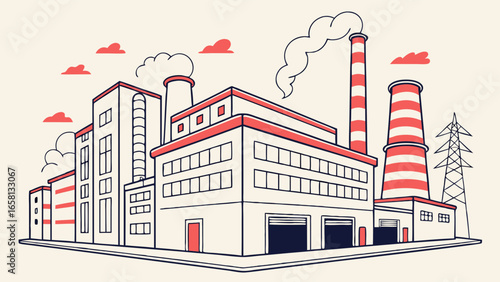 Detailed vector illustration showcasing a factory with chimneys, smoke, and power lines against a neutral backdrop, ideal for industrial themes and designs