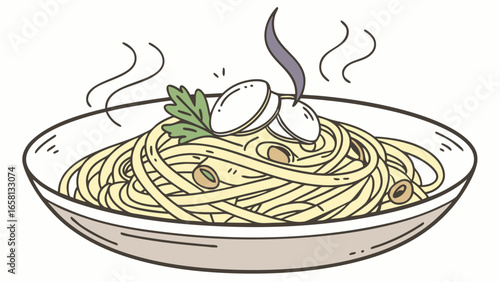 Delicious spaghetti with mushrooms and parsley in a bowl, steaming and ready to eat, an inviting culinary illustration