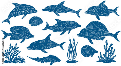 Blue ocean creatures with nautical patterns and coral elements