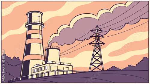 Illustrated power plant with cooling towers and transmission tower against a stylized sunset sky, showcasing energy production and distribution