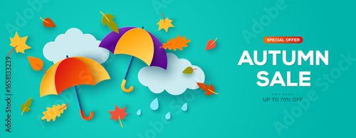 Autumn sale concept banner poster. Fall background 3d papercut clouds, umbrella and leaves. Modern promotion design. Vector illustration. Monsoon template. Place for text. Weather pattern flyer
