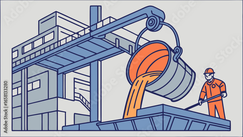 Illustration of a foundry worker pouring molten metal in a factory setting with building and crane visible, conveying industry and labor