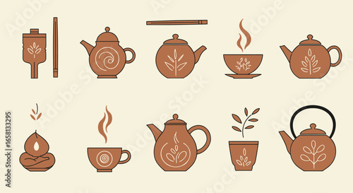 Elegant tea time icons: line art teapots and cups with botanical motifs