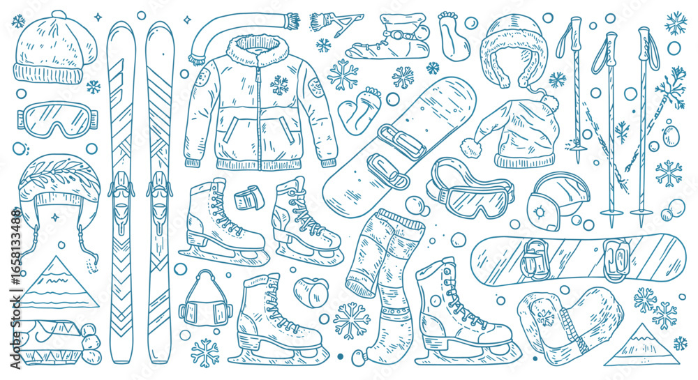 Fototapeta premium Winter sports gear collection: skis, snowboards, jackets, and accessories