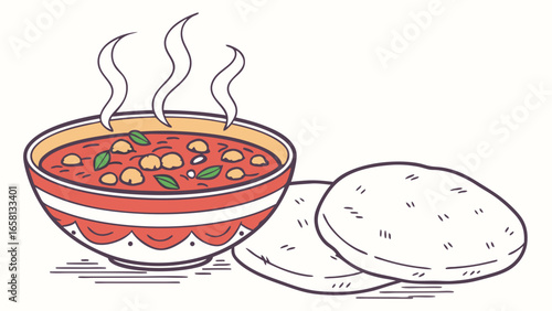 Illustration of hot chickpea curry in a bowl with steam and flatbread, showcasing Indian cuisine and flavorful vegan dish, perfect for food illustrations