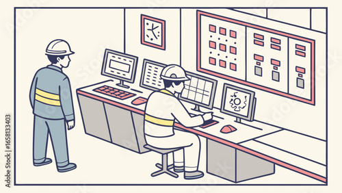 Industrial control room scene shows workers monitoring screens and systems for operational oversight and safety, ensuring efficiency