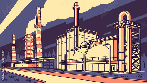 Industrial complex illustration showcasing factory buildings, chimneys, and pipelines against a dark sky, demonstrating power generation and manufacturing processes