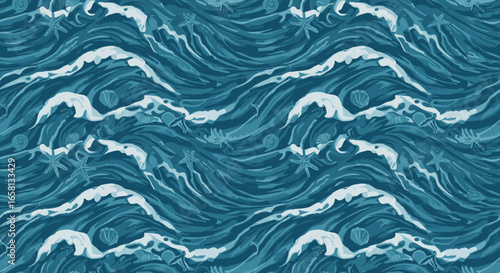 Seamless pattern of ocean waves and marine life with hand-drawn style