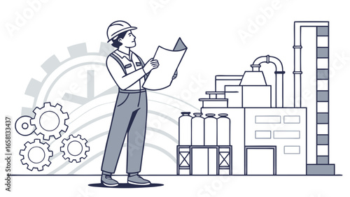 Industrial engineer inspecting factory blueprint with gears and plant equipment for manufacturing operations and construction planning