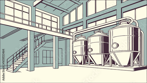 Industrial interior illustration featuring storage tanks, stairs, and large windows in a factory setting with a clean, architectural design and muted color palette