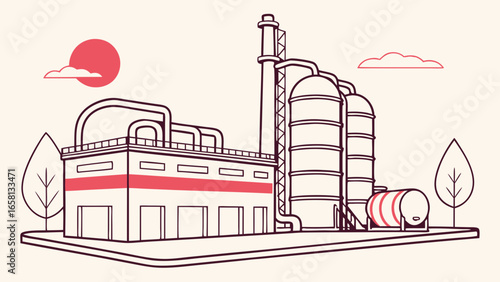 Industrial factory complex illustration with storage tanks, pipes, and minimalist trees under a sun, conveying industrialization and environmental design
