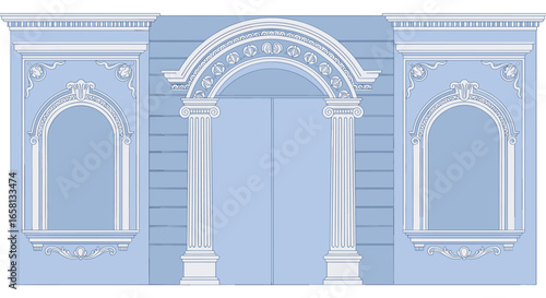 Classical architectural facade with ornate columns and arch in linear style