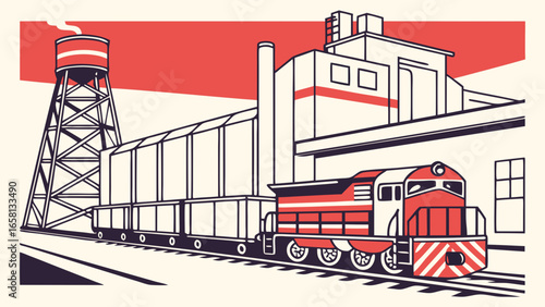 Industrial landscape featuring a freight train, factory buildings, and water tower in a vintage vector design
