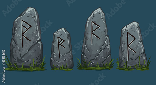 Set of ancient rune stones with mystic symbols on dark background