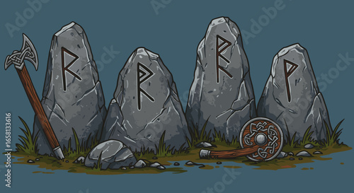 Ancient nordic runes on stone monoliths with viking axe and shield