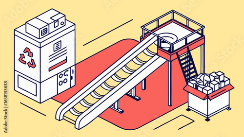 Isometric illustration of recycling plant with conveyor belt and processed cardboard boxes ready for reuse and sustainability efforts in modern industry
