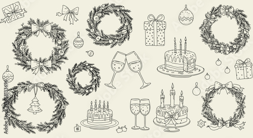 Hand-drawn holiday elements: wreaths, gifts, and cakes for festive celebrations