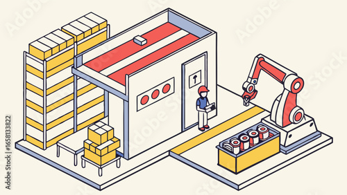 Isometric view of a modern automated factory with robotic arm, worker, storage shelves, and packaging station, showcasing industrial production