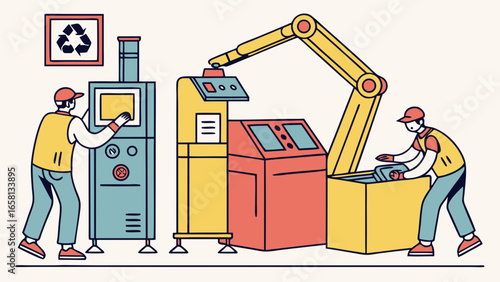 Recycling factory with robotic arm and workers managing the machines for eco friendly process and sustainable operations in an industrial setting
