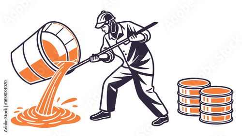Vector illustration of a foundry worker pouring molten metal into molds with safety helmet and protective clothing for industrial work
