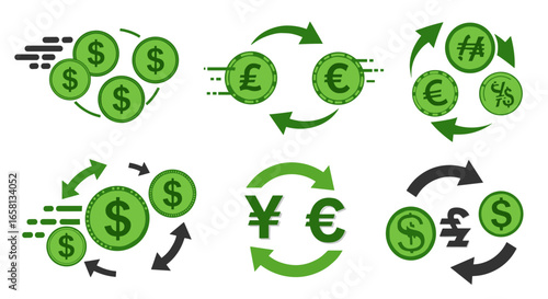 Currency exchange concept with dollar, euro, yen, pound, and rupee symbols in flat style