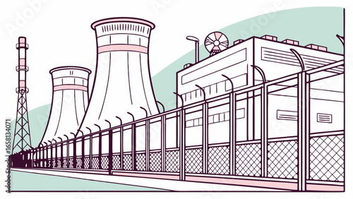 Vector illustration of a nuclear power plant with cooling towers and security fence depicting industrial energy production and environmental concerns