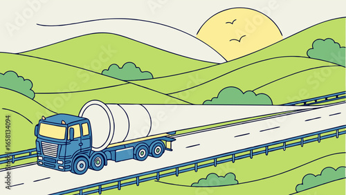 Vector illustration of a tank truck on a highway through rolling hills at sunrise transporting liquid cargo across a scenic landscape