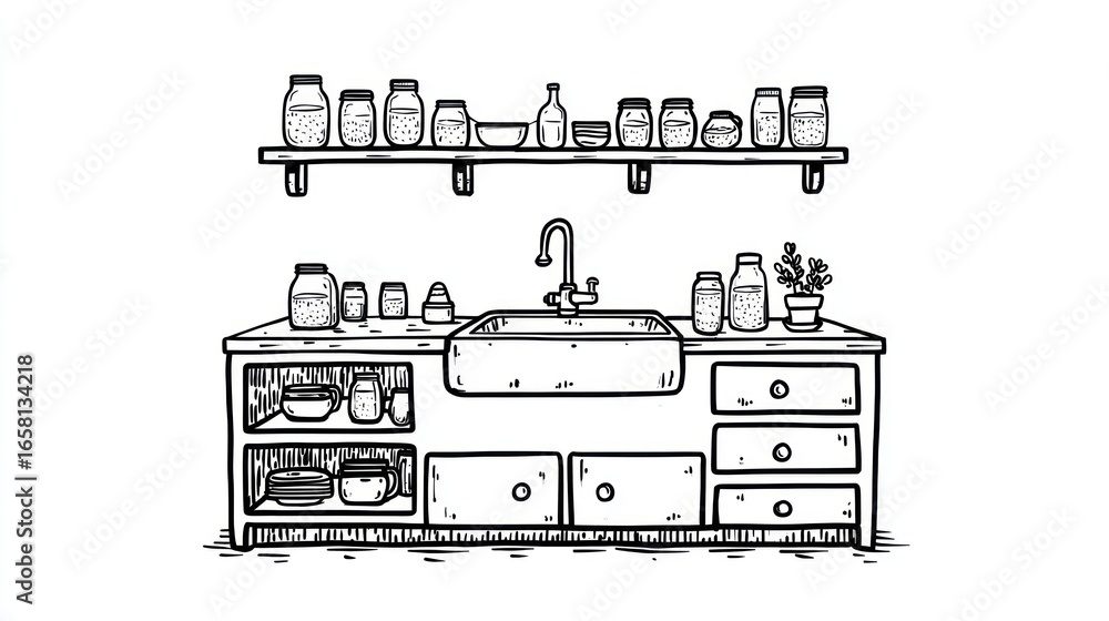 Fototapeta premium Illustrated kitchen sink with shelf, storage, and jars, black-white