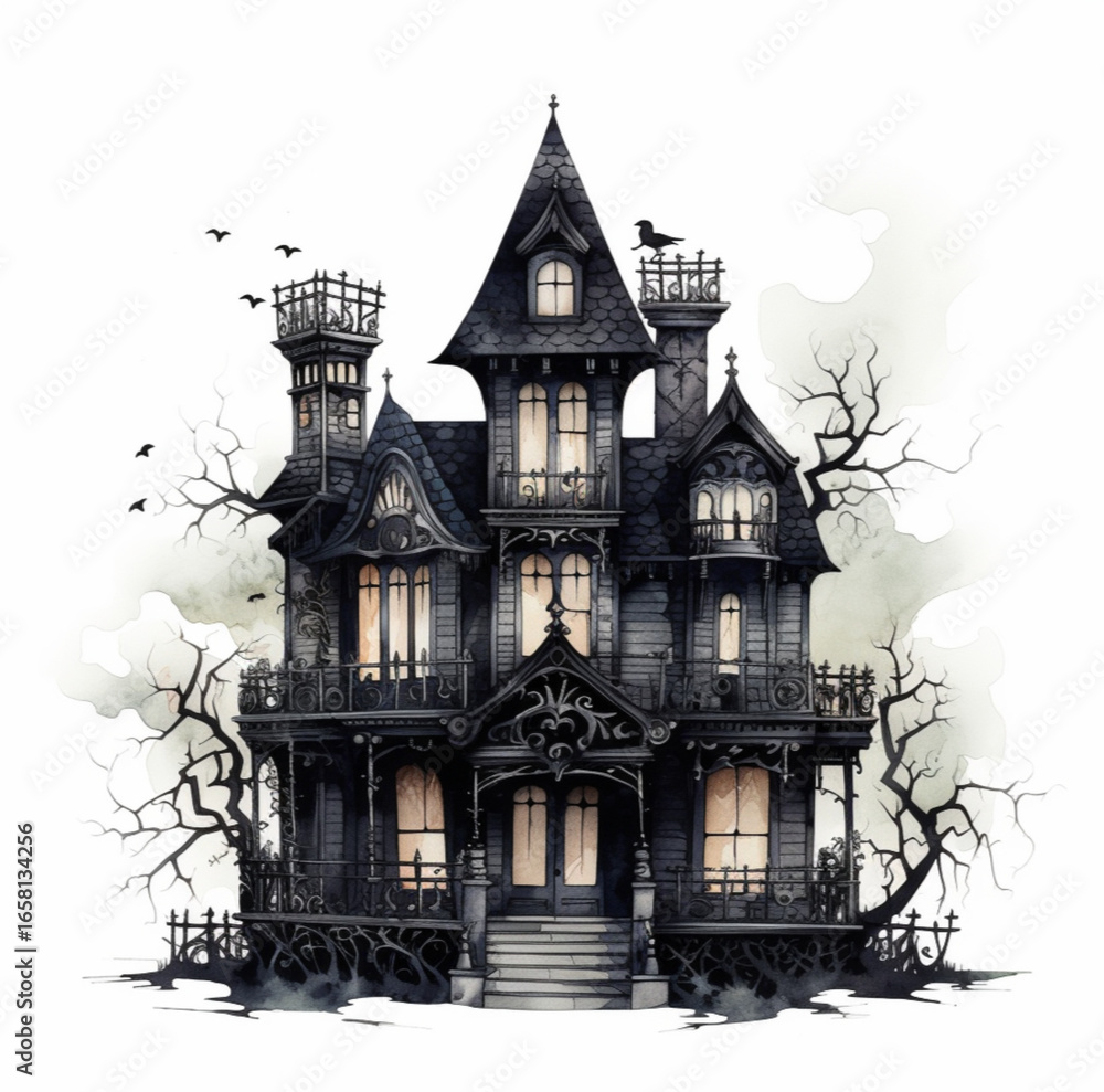 Obraz premium Dark fantasy haunted house in black silhouette, spooky and abandoned, centered on white background, creepy windows and distorted structure, horror concept art.