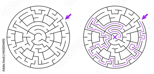 A circular black and white vector maze of medium difficulty. The task is to find a path to the center. Clean, simple lines, isolated on a white background.
