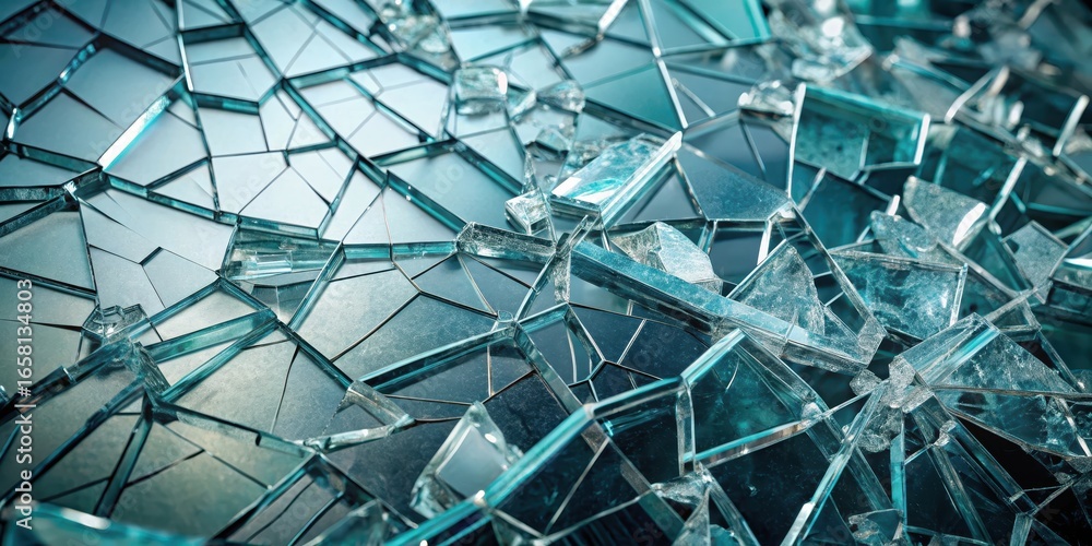 Fototapeta premium Fragmented glass shards scattered across a monochromatic background with deep cracks and fissures
