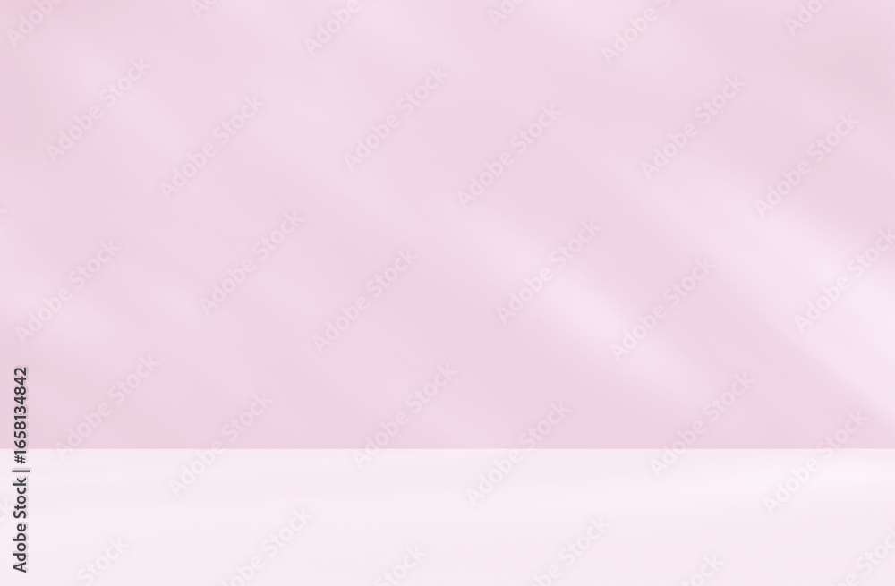 Obraz premium Empty pink colour room studio with sunlight effect shadow on the floor and wall for product presentation. Minimal backdrop design. Cosmetic, beauty and fashion showroom. Summer background mock up.