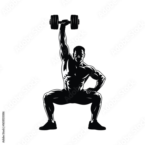 Silhouette of muscular person squatting with one arm raised holding dumbbell, other hand on hip, symbolizing power, posture, and athleticism