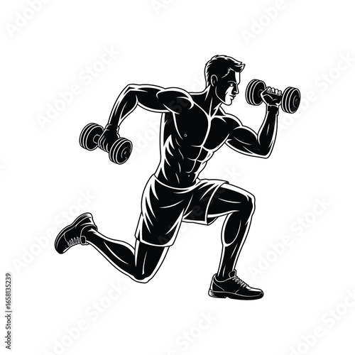 Stylized illustration of muscular person performing lunge with dumbbells, showcasing strength, posture, and physical conditioning