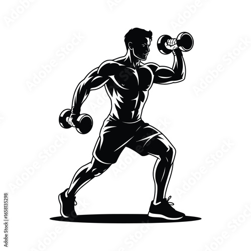 Black and white illustration of muscular person in lunge position performing bicep curl with dumbbells, emphasizing strength and control